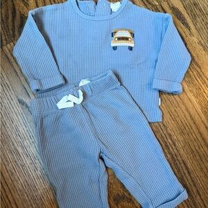 Petit Lem Blue Waffle Knit Baby Outfit with Truck Patch